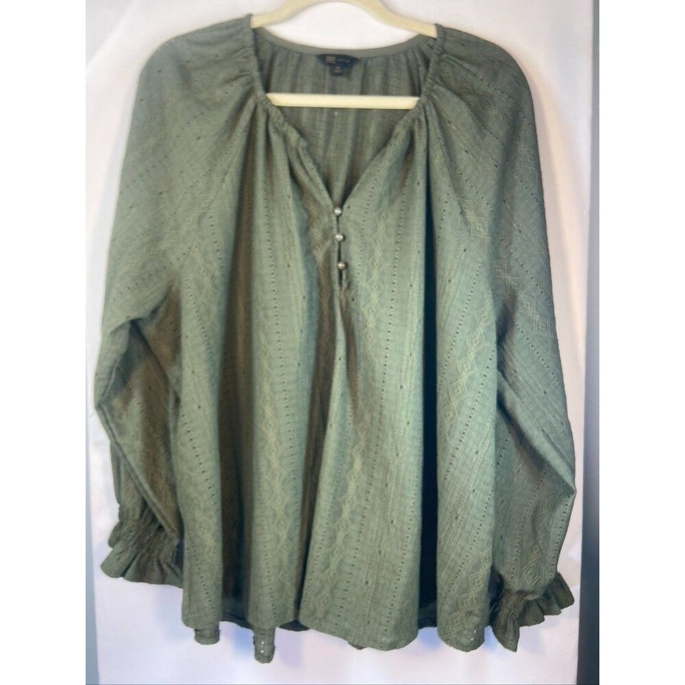 FRYE 1X WOMENS GREEN PUFFY SMOCK LONGSLEEVE BLOUSE WORKWEAR CASUAL